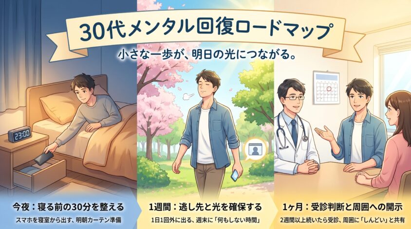 30代メンタル回復ロードマップ—今夜/1週間/1ヶ月で整える順番チェックリスト